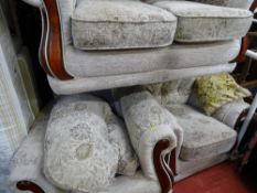 Compact three piece suite with floral upholstery and wooden inserts