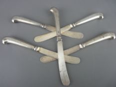 Five vintage butter knives, the pistol grip handles in hallmarked silver