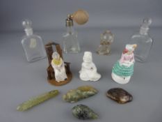 Mixed collection of early scent bottles, parian type figures and carved hardstone/jade ornaments