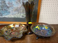 Two carnival glass bowls and a slender vase