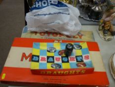 Vintage board games including Monopoly, Totopoly etc with a papier mache and mother of pearl
