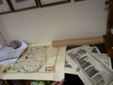 Reproduction map of Wales and five reproduction prints, etchings of castles and buildings in the