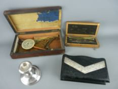 Hallmarked silver squat candlestick, two vintage boxes containing drawing instruments etc and an