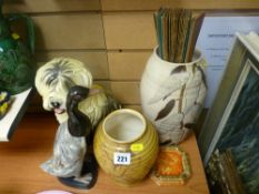 Dulux dog figurine, Brentley ware vase and one other, a vintage duck clothes brush etc