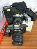 Vintage cameras and equipment including an Olympus OM20, a Canon EOS600 etc