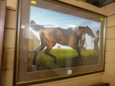 Framed print - feisty racehorse with handlers in the antique style