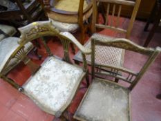 Inlaid corner chair with floral upholstery, one other and a cane seated single bedroom chair