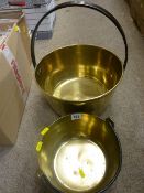 Two vintage brass preserve pans with iron handles