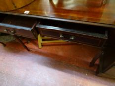 Mahogany inlaid hall table with twin drawers and reeded tapered supports