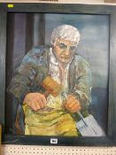 MYRNA LOWENS oil on board - portrait study of a quarryman splitting slate, initialled and titled