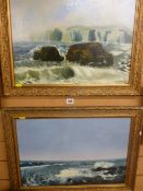 ALLAN BROADBENT two oils on canvas - rocky coastal scenes with crashing waves, signed and dated
