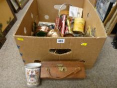 Mixed box of metalware and other collectables including a silver napkin ring, 1911 enamel ware