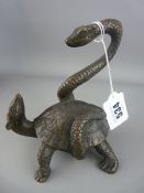 Oriental bronze model of a terrapin/tortoise, its shell coiled by a snake