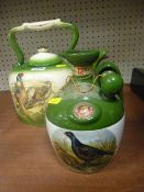 Pheasant decorated ceramic tea kettle and a Montrose Potteries whisky flask for Rutherfords Scotch