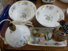 Two Minton china floral decorated fruit bowls and a sandwich tray, an Aynsley table lamp, a