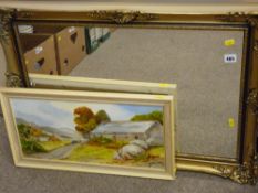 Gilt framed wall mirror and an oil on board titled 'Old Welsh Barn' by LESLEY H FISHER