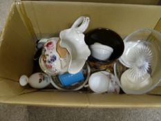 Mixed box of crockery and glassware including an early handpainted jug