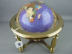 Modern table globe on brass stand having various stone inlays forming the countries and continents