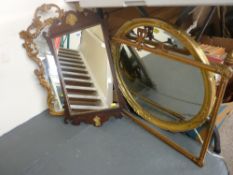 Georgian style mahogany wall mirror, two gilt framed examples and a Regency style metal frame for