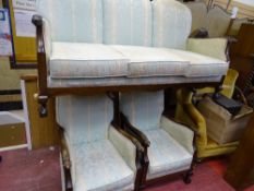 Mahogany framed three piece suite with classic upholstery and carved ball and claw feet