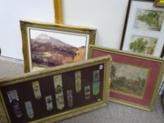 Framed collection of silk bookmarks and three framed pictures and prints