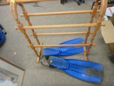 Vintage style wooden towel rail and a pair of diver's flippers