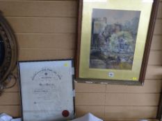 J W WALKER framed watercolour - washer women at a riverbank before a thatched barn and farmstead,