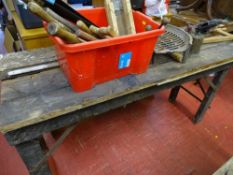 Old garage workshop bench with fitted vice and a red tub of hand tools, vintage blow lamp etc