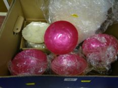 Box of lustre decorated serving bowls and shell shaped dishes