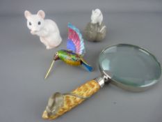 John Beswick figure of a mouse, a Denmark porcelain example, a magnifying glass with mouse handle
