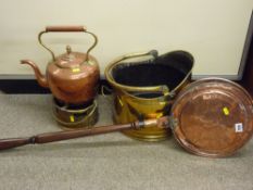 Victorian copper kettle, long handled copper warming pan and other vintage metalware