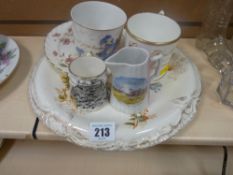 Victorian bread plate, an early Harlech Castle tankard, two presentation mugs etc