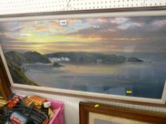 W ROBERTS gouache - atmospheric evening sky over a double bay titled 'Porthdinllaen', signed