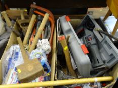 Two boxes of garden tools including bow saws, mallets and a case containing a 550w Performance