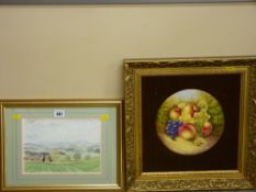 MICHAEL AUDEN watercolour study - titled 'Malvern Hills' and a framed circular fruit decorated