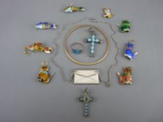 Nine carat gold bangle, two turquoise set crosses, one with Stanhope view, a small enamel topped