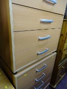 Pair of light wood effect melamine five drawer chests and matching pair of three drawer bedside