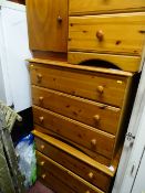 Pair of pine three drawer chests, matching three drawer bedside chest and a loom style ottoman