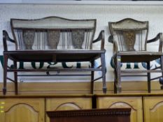 Edwardian inlaid mahogany three piece salon suite (for restoration)