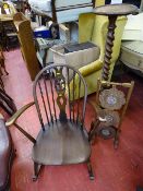 Dark wood Ercol rocking chair, barley twist planter stand and carved cakestand