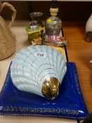 Vintage serpentine stone table lamp and a vase, an advertising ashtray and two others, a vintage