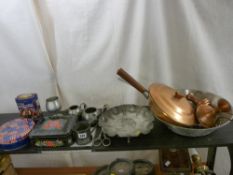 Mixed collection of pewter and other metalware and three vintage style tins