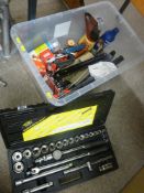 As new cased socket set, vintage Shell oil can, torque wrench and other vehicle maintenance tools