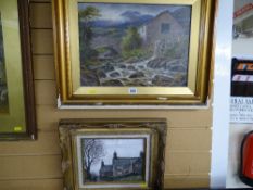 J W PIKE oil on board - figures on a bridge next to a watermill and BRIAN BARLOW framed pastel study