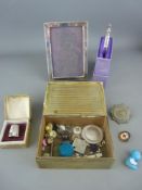 Hallmarked silver portrait frame and a thimble, a vintage cigarette box of badges and buttons etc