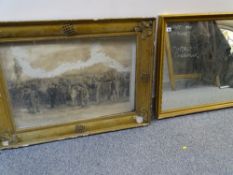 Large wooden framed rectangular mirror and a framed Victorian print of a formal gathering