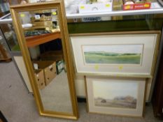 Gilt framed wall mirror, framed watercolour study of open fields and a similar limited edition
