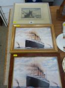 Two framed Caughley porcelain Titanic leaving Southampton plaques and an antique framed print of