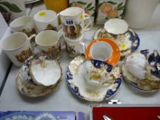 Selection of commemorative mugs, a quantity of blue and gilt decorated teaware etc