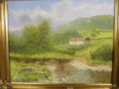 TONY WOODING oil on canvas - rural scene of sheep near an old barn with stream to the foreground